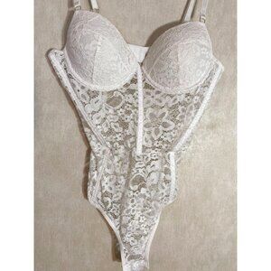 White Lace Floral Sheer Small Bodysuit With Adjustable Straps & Padded Cups